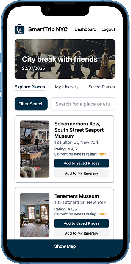 SmartTrip NYC — explore screen on phone