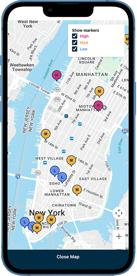 SmartTrip NYC — busyness map on phone